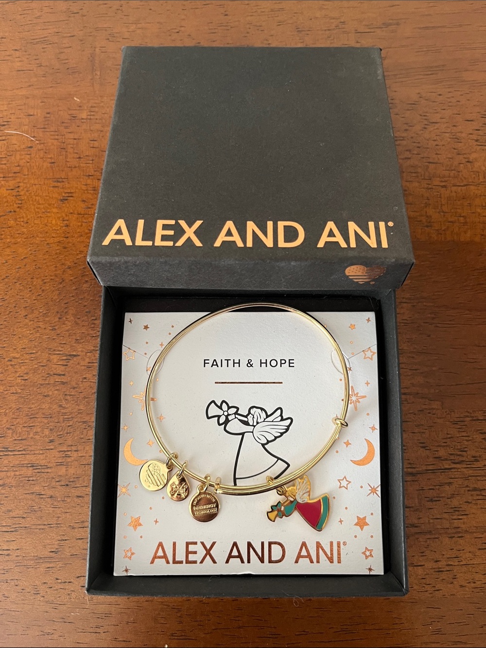 Alex and Ani Gold Faith & Hope Charm Bangle Bracelet with Multicolor Angel Charm